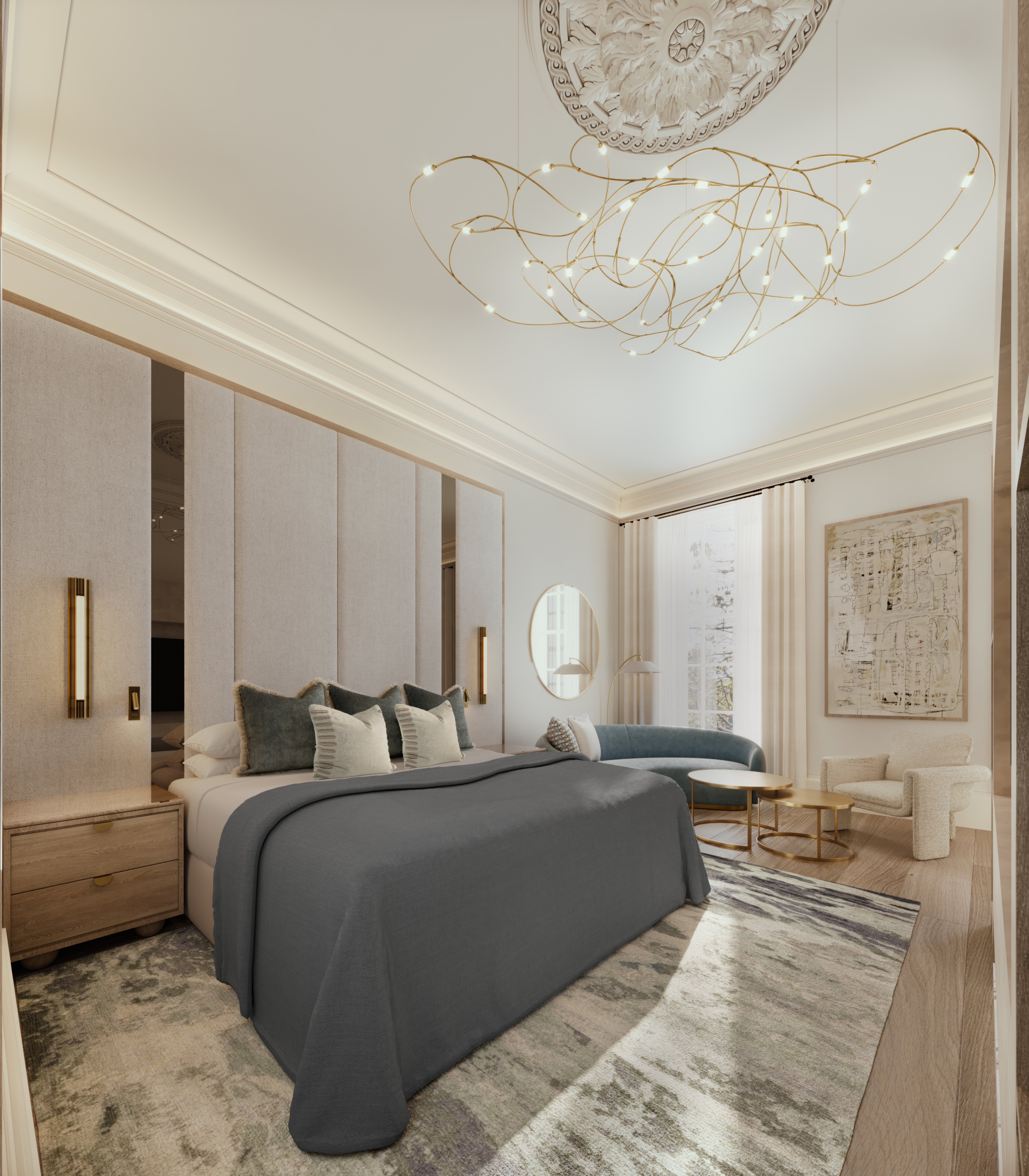 The Scott Suite, sculptural brass chandelier beneath a plaster rosette